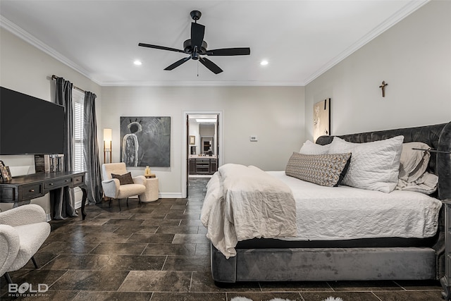 bedroom featuring ornamental molding and ceiling fan