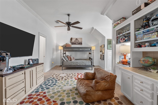 interior space featuring ornamental molding and ceiling fan