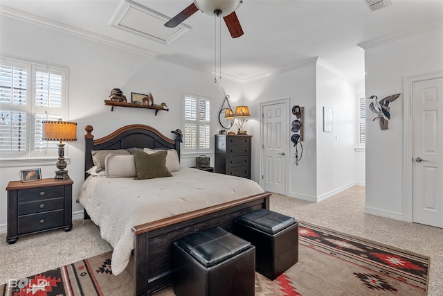 bedroom with multiple windows, crown molding, carpet flooring, and ceiling fan