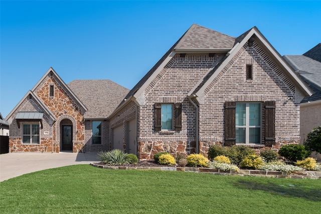 view of front of home featuring a garage and a front lawn