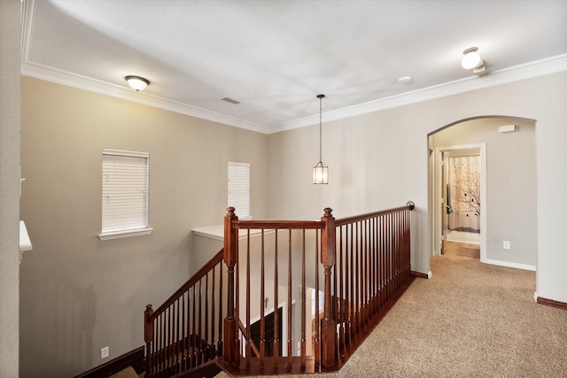 hall with ornamental molding and light colored carpet