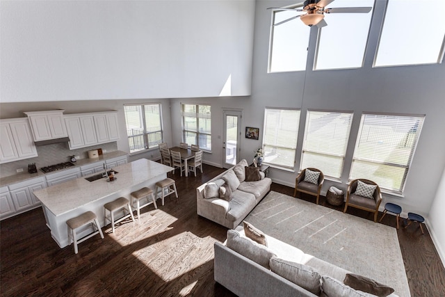 living room featuring dark wood-type flooring, a healthy amount of sunlight, and a high ceiling