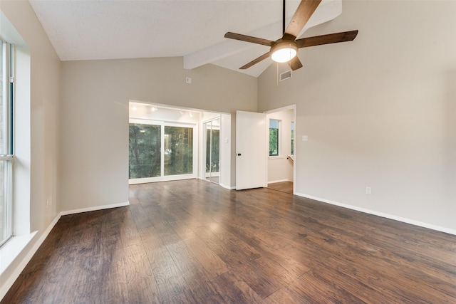 unfurnished room featuring vaulted ceiling with beams, dark hardwood / wood-style floors, and ceiling fan