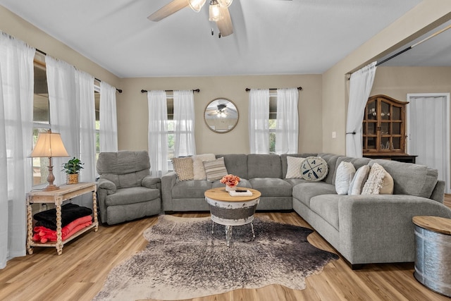 living room with ceiling fan and light hardwood / wood-style floors