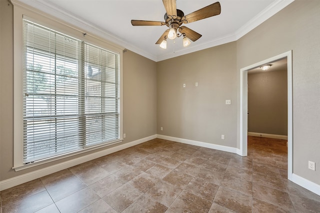 unfurnished room with ceiling fan and crown molding