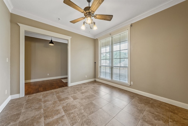 unfurnished bedroom with ornamental molding, a closet, and ceiling fan