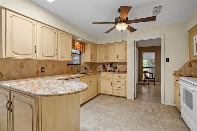 kitchen featuring decorative backsplash, kitchen peninsula, ceiling fan, sink, and white electric stove