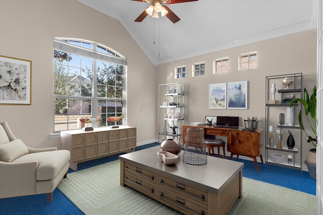 carpeted home office with lofted ceiling, ornamental molding, a wealth of natural light, and a ceiling fan