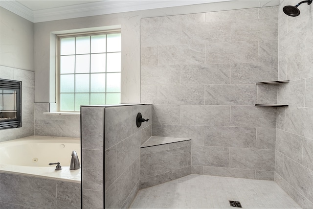 bathroom featuring crown molding and plus walk in shower