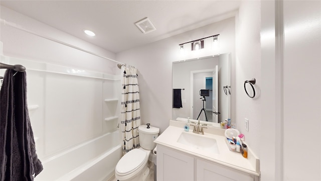 full bathroom with vanity, toilet, and shower / bathtub combination with curtain