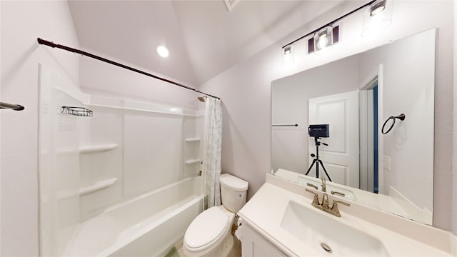 full bathroom with lofted ceiling, shower / tub combo with curtain, vanity, and toilet