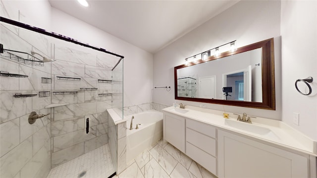 bathroom featuring vanity, plus walk in shower, and vaulted ceiling