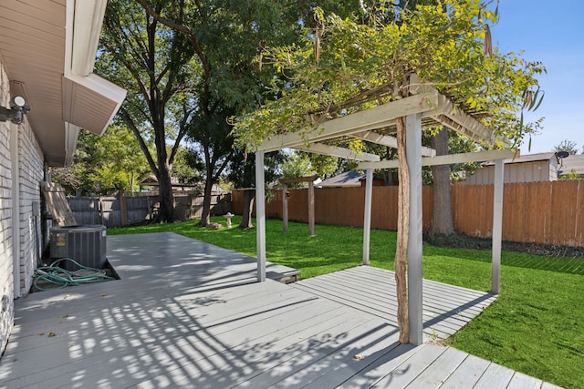 wooden deck featuring a lawn and central air condition unit