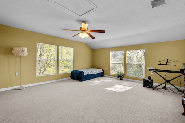 bedroom featuring carpet, vaulted ceiling, and multiple windows