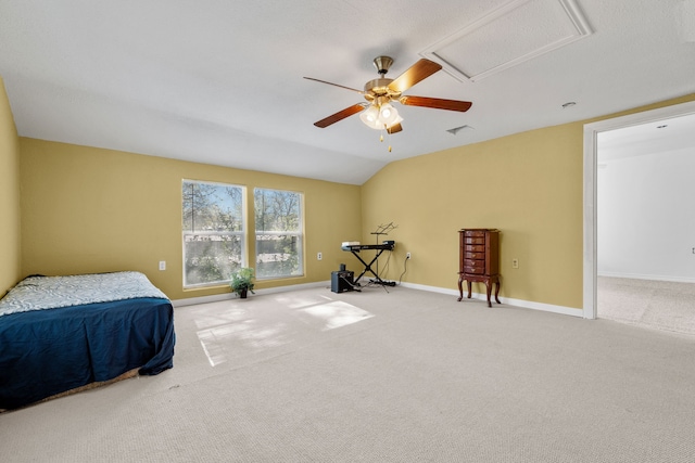 bedroom featuring ceiling fan, carpet flooring, and vaulted ceiling