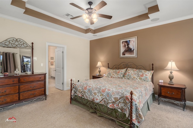 carpeted bedroom with ceiling fan and crown molding