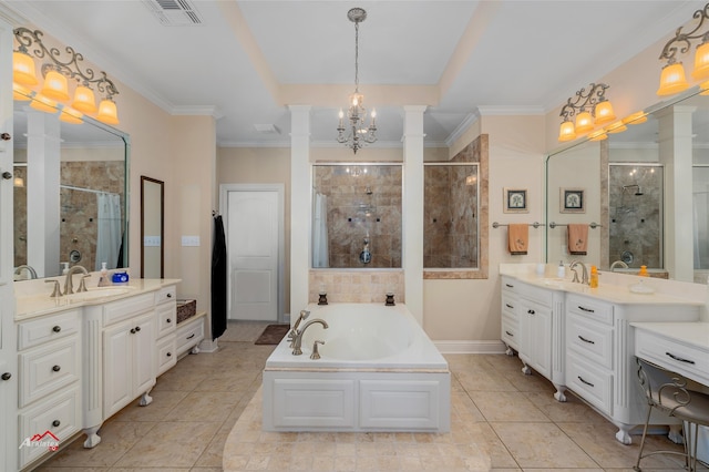 bathroom with independent shower and bath, vanity, tile patterned flooring, and decorative columns