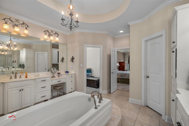 bathroom featuring vanity, ornamental molding, a relaxing tiled tub, tile patterned floors, and a notable chandelier