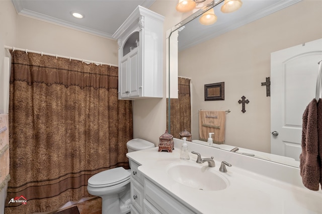 bathroom featuring walk in shower, crown molding, vanity, and toilet