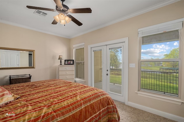 carpeted bedroom with ceiling fan, ornamental molding, french doors, and access to exterior