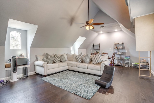 living room with ceiling fan, dark hardwood / wood-style floors, and vaulted ceiling