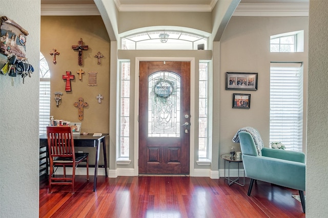 foyer entrance featuring ornamental molding and dark wood-type flooring