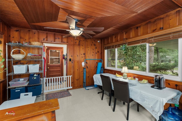 dining area featuring ceiling fan, wooden walls, and wood ceiling