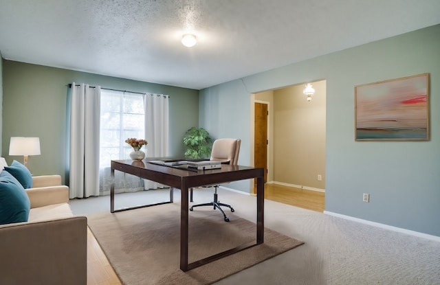 office featuring light hardwood / wood-style flooring and a textured ceiling