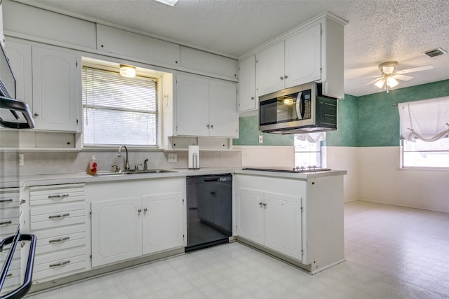 kitchen featuring sink, ceiling fan, dishwasher, and white cabinets