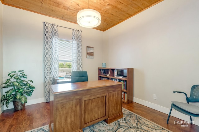 home office featuring wood ceiling, vaulted ceiling, dark hardwood / wood-style floors, and ornamental molding