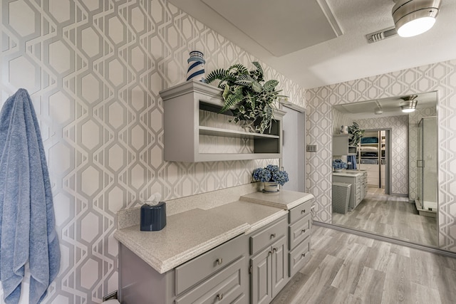 kitchen with gray cabinetry and light hardwood / wood-style floors