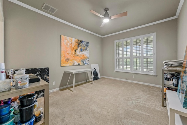 game room featuring carpet flooring, crown molding, and ceiling fan