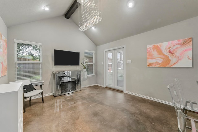 living room featuring concrete flooring, beam ceiling, a textured ceiling, and high vaulted ceiling