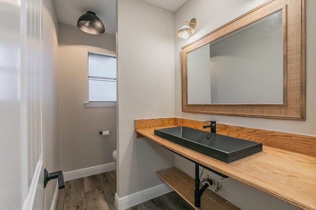 bathroom with wood-type flooring, sink, and toilet