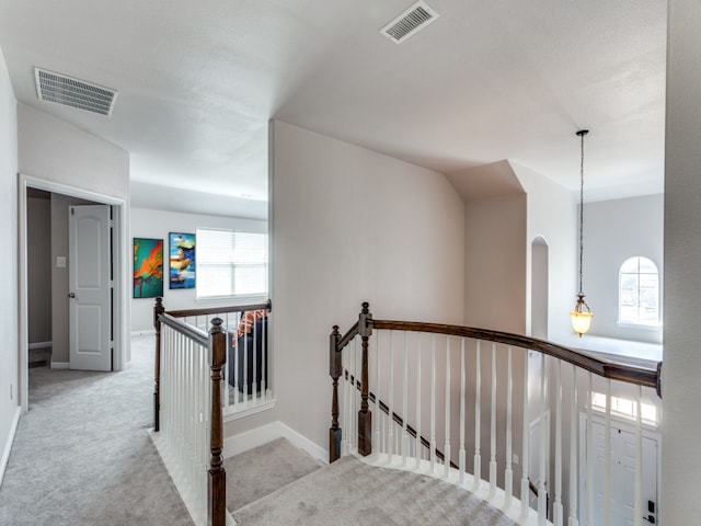 corridor with light carpet, a textured ceiling, and a wealth of natural light