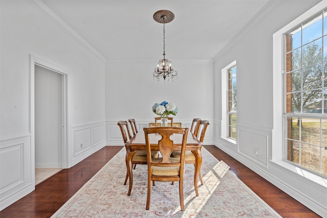 dining area with dark hardwood / wood-style floors, crown molding, and an inviting chandelier