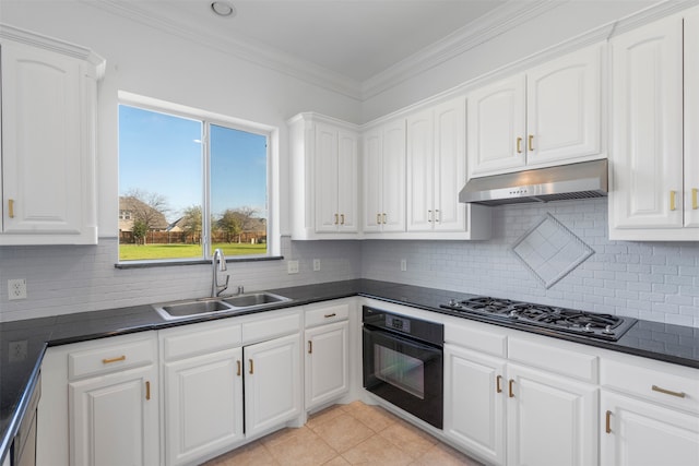 kitchen with sink, white cabinets, black oven, stainless steel gas stovetop, and light tile patterned flooring