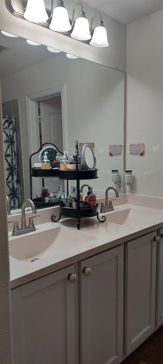 bathroom with vanity and hardwood / wood-style floors