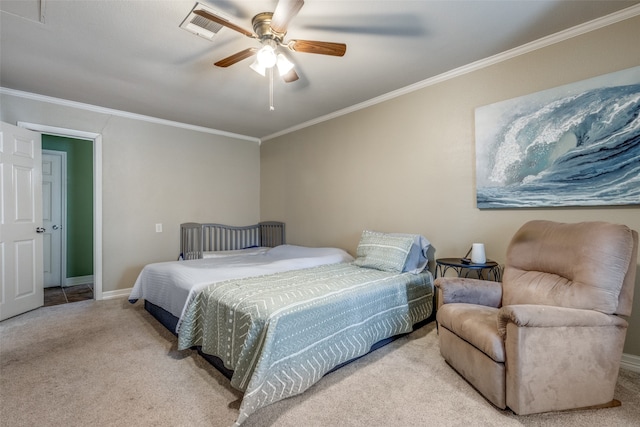 bedroom featuring light carpet, ceiling fan, and ornamental molding