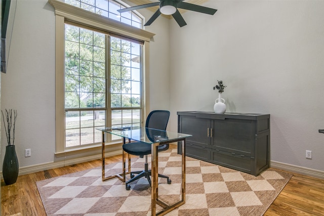 office featuring ceiling fan, light hardwood / wood-style flooring, and a wealth of natural light