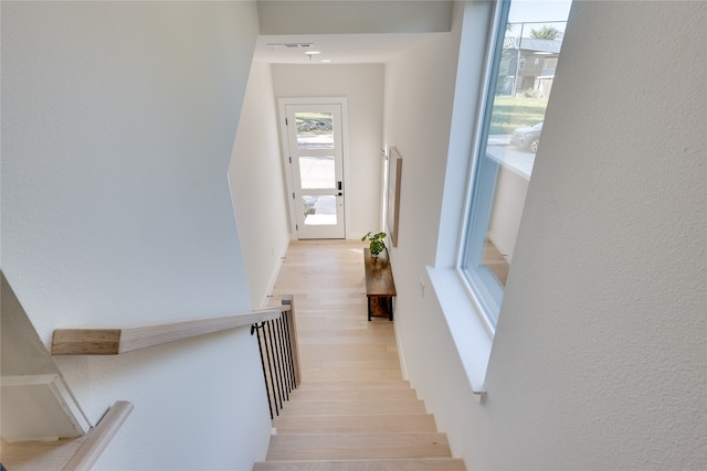 stairway with hardwood / wood-style floors