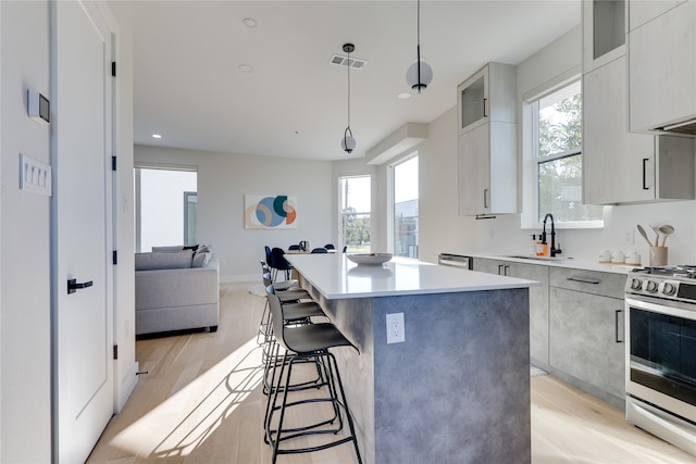 kitchen with stainless steel range, light hardwood / wood-style flooring, and a wealth of natural light