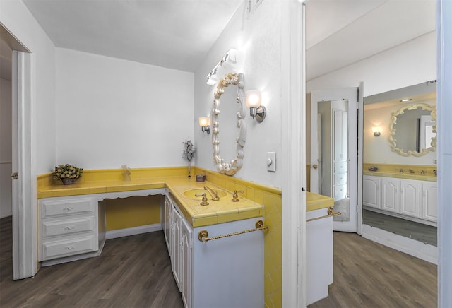 bathroom with vanity and hardwood / wood-style flooring