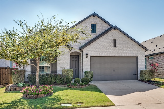 view of front of house with a garage and a front lawn