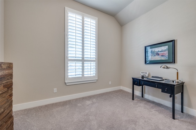 office with carpet floors and lofted ceiling