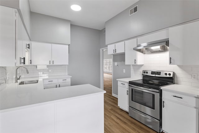 kitchen with sink, white cabinetry, exhaust hood, electric stove, and dark hardwood / wood-style flooring