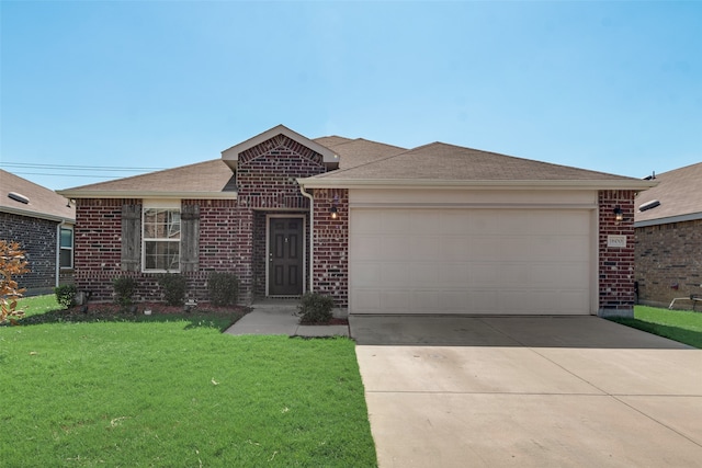 single story home with a garage and a front lawn