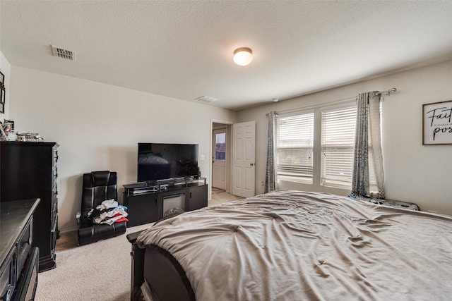 carpeted bedroom with a textured ceiling