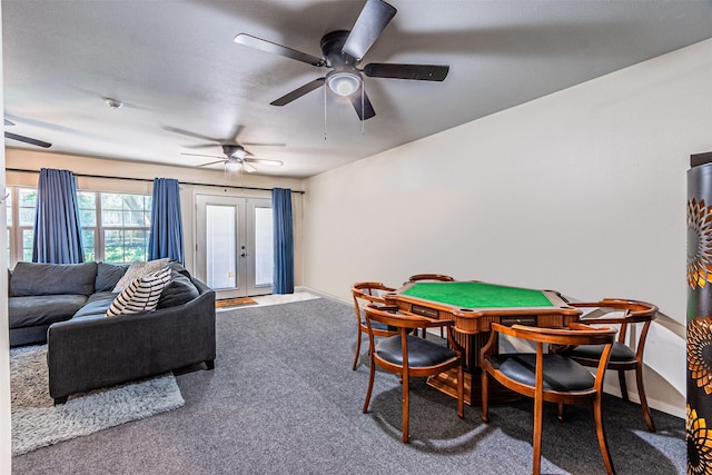 rec room with french doors, ceiling fan, and carpet flooring