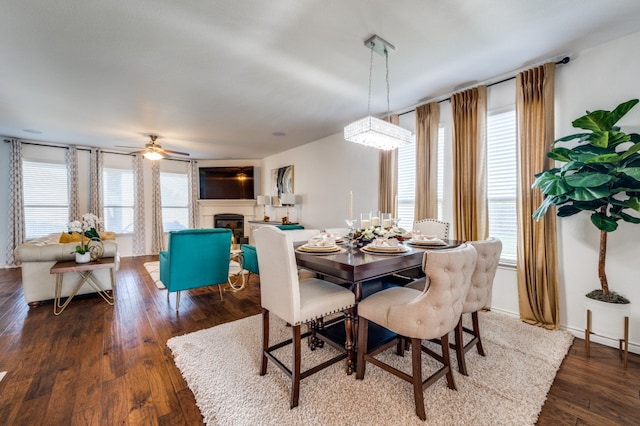 dining space with a healthy amount of sunlight, dark hardwood / wood-style flooring, and ceiling fan